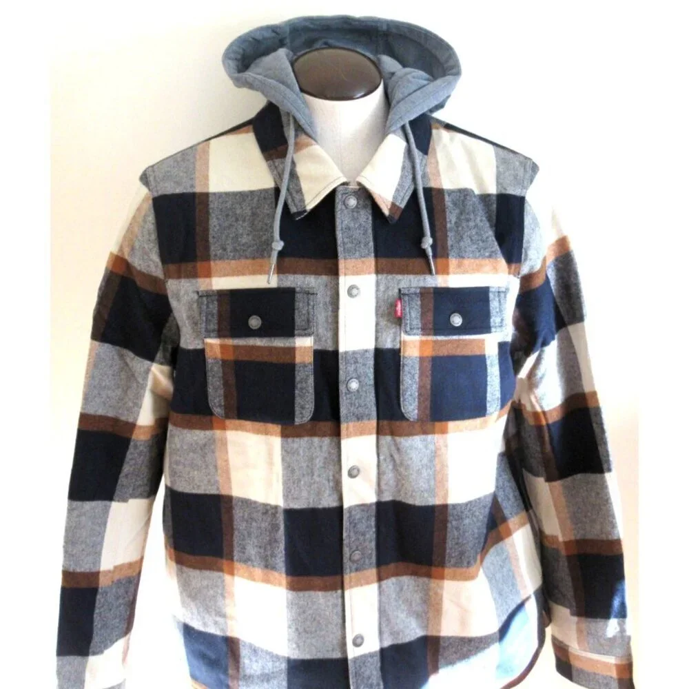 Levi's Men's Cotton Putty Brown Plaid Sherpa Lined Hooded Shirt Jacket NWT - Picture 3 of 8